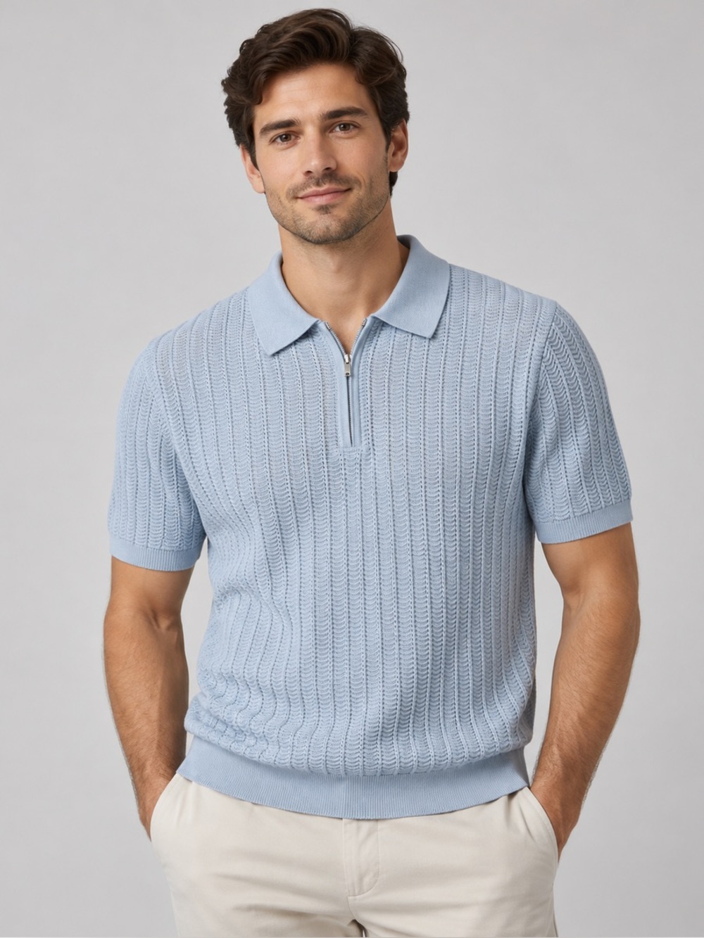REISS Men’s Light Blue Textured Knit Quarter Zip Polo Shirt Size L